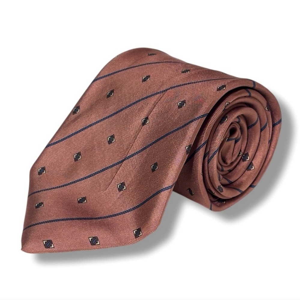 CHRISTIAN DIOR Dusty Pink Silk Tie With Navy Stripes & Diamond Pattern